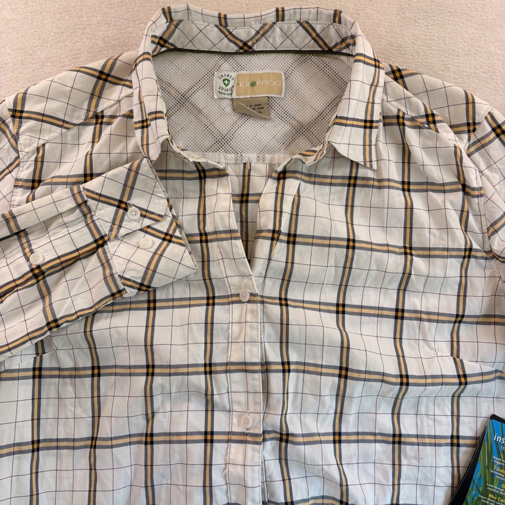 ExOfficio BugsAway Deia LS Plaid Shirt White Yellow Womens Medium 2101-3332